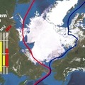 北極海の海氷分布（7月22日時点）と、過去の航路開通期間（棒グラフ黄色部分）および2014年の開通予想期間（赤・青色部分）