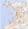 「実証ネットワーク構成（国土地理院地図を基にNICTが作成）」。白良浜周辺を網をかけるかのように無線でつないでいる（画像はプレスリリースより）