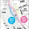 渋谷川切り替えの平面図。地下広場のスペースを確保するため、川を約160mにわたって移設する