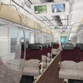 5000系の車内イメージ。ロング・クロス転換座席を設置し、「座席指定列車」ではクロスシートの状態で運行する。