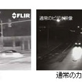 逆光時と夜間時の可視光カメラと赤外線カメラの映像の比較。赤外線カメラを使ったシステムは、安定した交通検知が行えることからITS市場でも注目されている（画像はプレスリリースより）