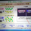 Express5800/A1160のリソース管理のデモ。性能グラフの赤色がリソース管理が行われているパーティション、青色が行われていないパーティションの性能を示す。バックアップジョブを走らせても、赤色のパーティションは性能が安定している