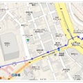 歩道や横断歩道、歩道橋などを進むルートが表示される