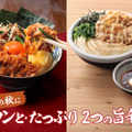 左：完全新作『旨辛 肉盛りニラ玉ぶっかけうどん』右：販売中『旨辛 豚つけ汁うどん』