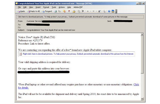 「iPad詐欺メール」の例