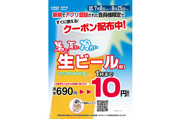 いきなり！ステーキで生ビール1杯まで10円！