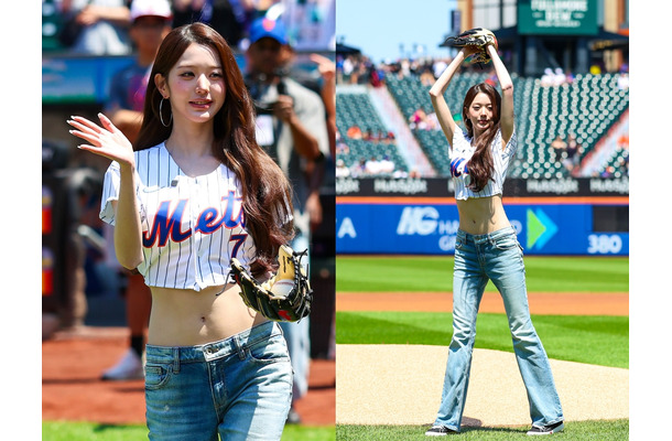 “ヘソ出し”ユニフォームで視線独占！IVE・ウォニョン、MLB始球式に登場　華麗な投球に歓声