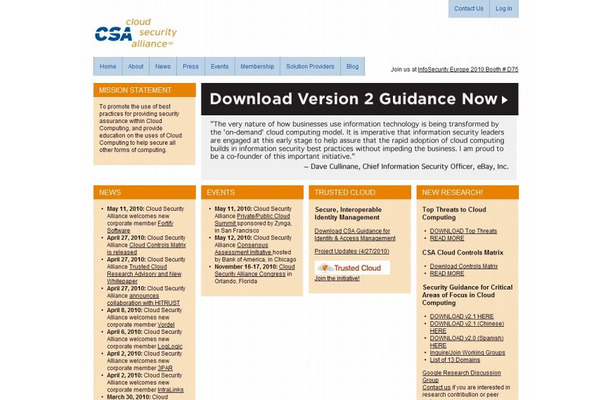 「Cloud Security Alliance（CSA）」サイト（画像）