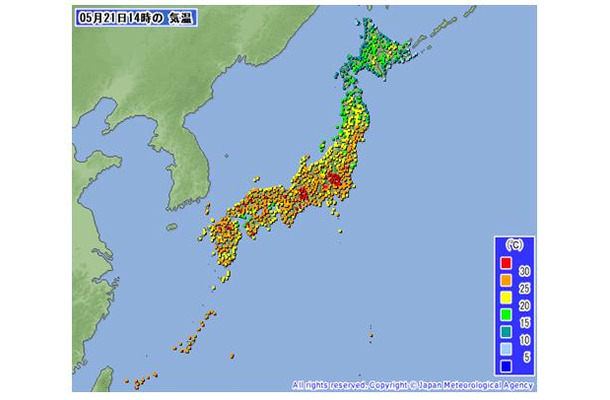 21日14時現在の気温。関東北部や岐阜県付近が30度を超えている