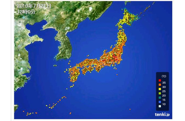 12時現在の気温アメダス。関東や東海で35度以上を示す赤い点が見える