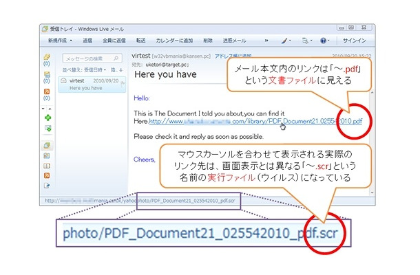 VBMania ウイルスの罠のメールの一例（「Windows Live メール」での表示）