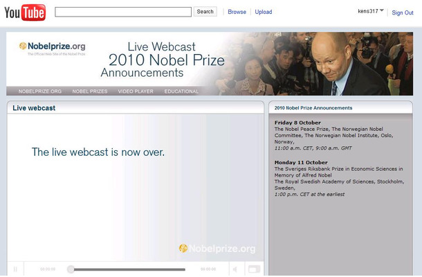 YouTubeの「2010Nobel　Prize　Annoucements」ページでライブ中継される。過去の受賞者インタビュー動画も公開されている