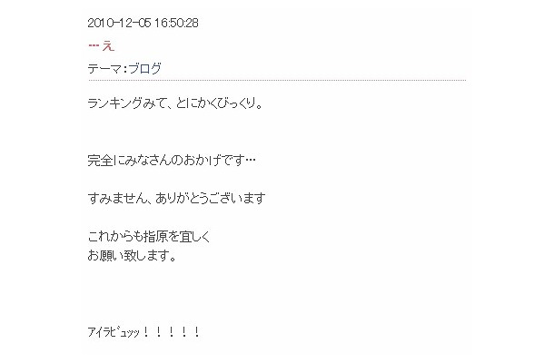 ランキング1位となったことに対してタイトル「…え」という記事を投稿