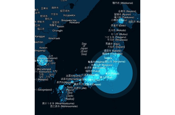 最高記録を更新した瞬間の日本のツイート分布図