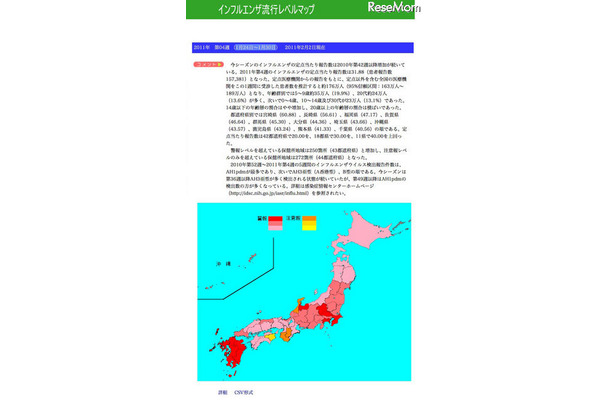 インフルエンザ推計患者数27万人増、閉鎖件数も1,840増加 インフルエンザ流行レベルマップ（2011第4週）