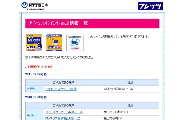 NTT西日本 フレッツ・スポット アクセスポイント追加情報一覧