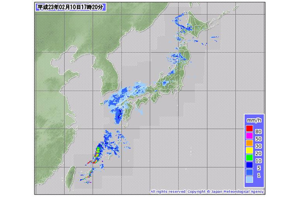 気象庁サイトの10日17時20分現在の降雨量。関東にも一部雲がかかってきている