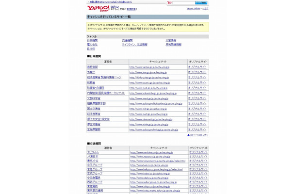 「キャッシュを行っているサイト一覧」サイト（画像）