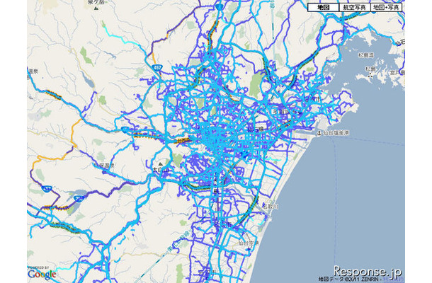 ユービークリンク 4月11日までの通れた道路状況（写真：PC サイト仙台市周辺の閲覧画面）