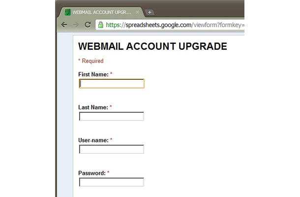 「spreadsheets.google.com」に用意された入力フォーム。正しいものかフィッシングかは判別できない