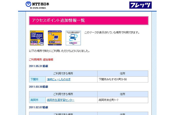 NTT西日本 フレッツ・スポット アクセスポイント追加情報一覧