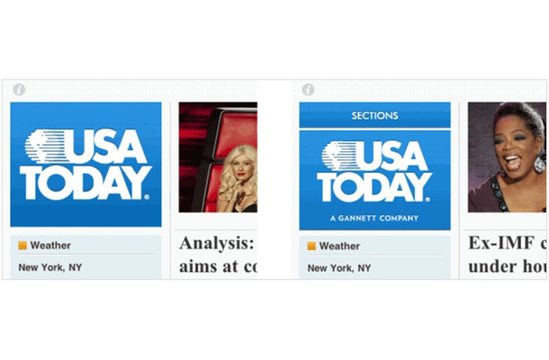 USA Todayのセクションのナビゲーション。左： 1年前及び今月初旬にテストしたもの。右： Sectionsボタンが明示された新しいデザイン。