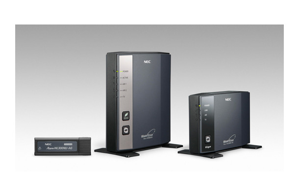 「AtermWR8600N（HPモデル）」（中央）とイーサネットコンバータ「WL300NE-AG」（右）/USBスティック「WL300NU-AG」（左）