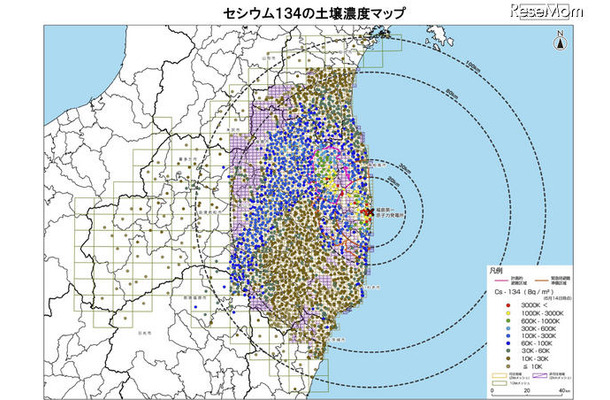 セシウム134の土壌濃度マップ