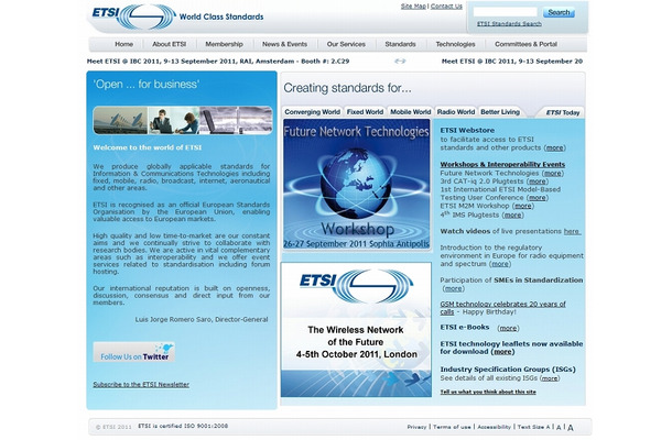 「欧州電気通信標準化機構」（ETSI）サイト