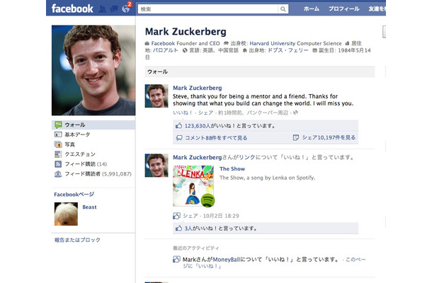 マーク・ザッカーバーグのFacebookページ