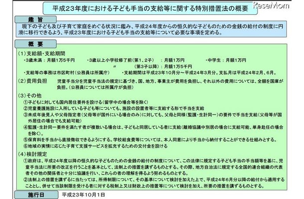 平成23年度における子ども手当の支給等に関する特別措置法の概要