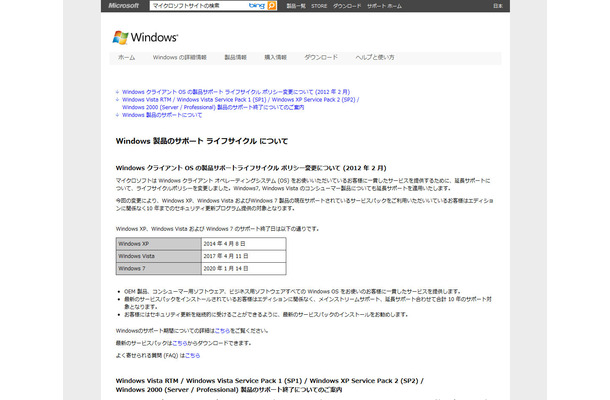 Windows製品のサポートライフサイクルについて