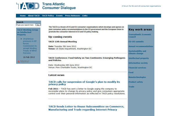 Trans Atlantic Consumer Dialogue (TACD)のウェブサイト