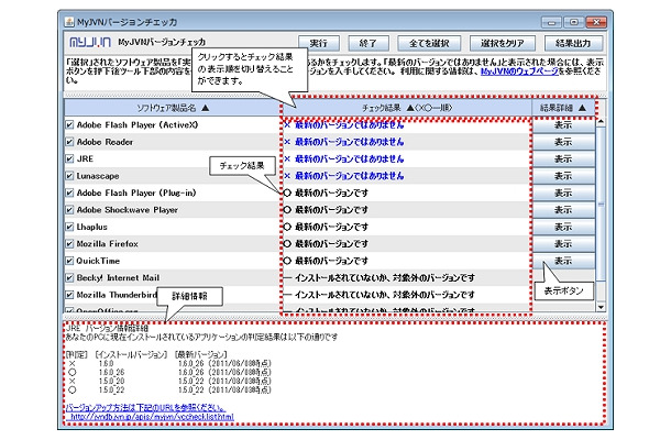 MyJVNバージョンチェッカ　実行結果画面