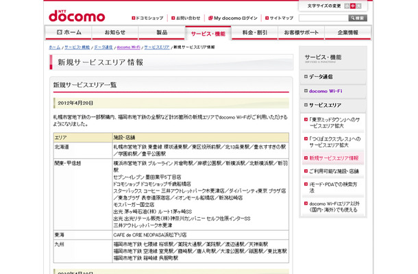 docomo Wi-Fi 新規サービスエリア情報