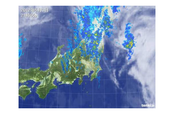 5月3日21時現在の雨雲の様子。雲は東北地方へ