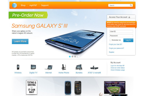 GALAXY S3をトップページに掲載するAT&T