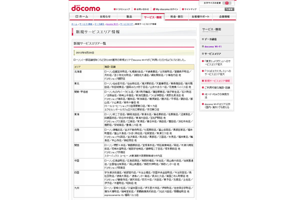 docomo Wi-Fi 新規サービスエリア情報