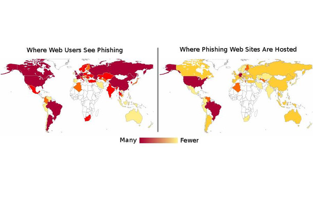 フィッシングサイトにアクセス末うユーザーとフィッシング歳tの所在地の分布