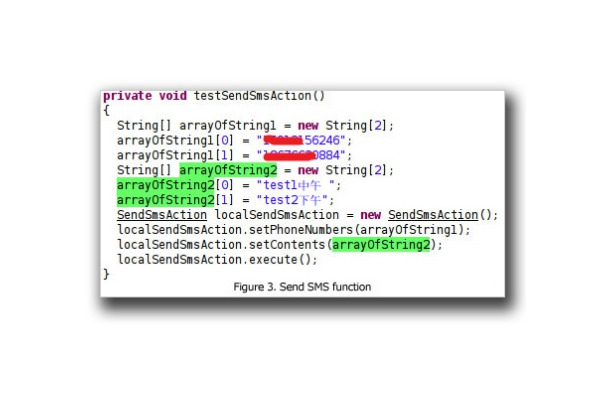 テキストメッセージの送信に関するコード内に電話番号が記載されていた