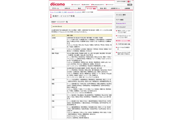 docomo Wi-Fi 新規サービスエリア情報