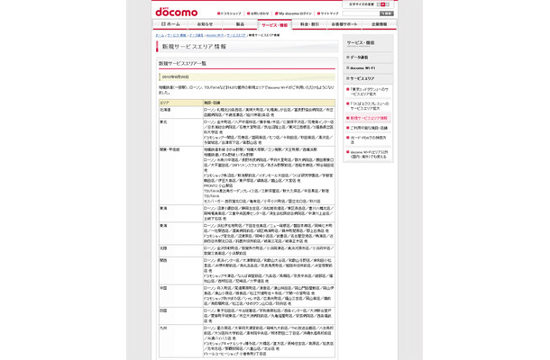 docomo Wi-Fi 新規サービスエリア情報