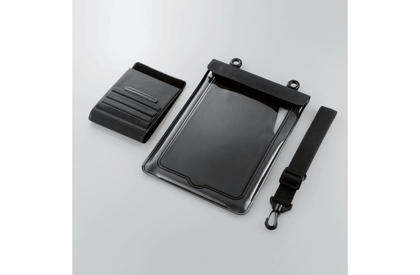 新型iPad/iPad 2用防水ケース「TB-A12WPSBK」の本体と付属のスタンド/ストラップ
