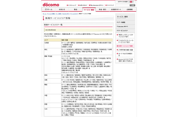 docomo Wi-Fi 新規サービスエリア情報