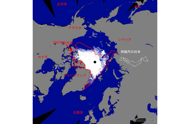 しずくが捉えた北極域の2012年8月24日の海氷密接度分布（赤い線が観測史上最小だった2007年）
