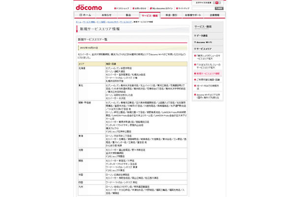 docomo Wi-Fi 新規サービスエリア情報