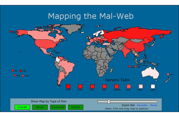 SiteAdvisorの画面表示。危険度を色分けし、地図の拡大・縮小もできる。ドメイン名での集計なので、その国のサイトが直ちに危険ということではない