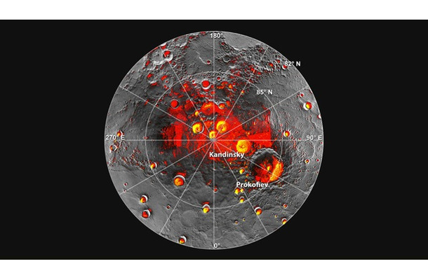 メッセンジャーが観測した、水星の北極地方の地形図。赤い部分が日陰。　NASA/Johns Hopkins University Applied Physics Laboratory/Carnegie Institution of Washington/National Astronomy and Ionosphere Center, Arecibo Observatory. 