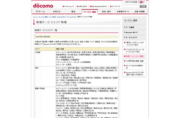 docomo Wi-Fi 新規サービスエリア情報