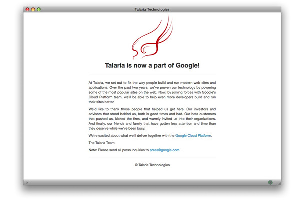 Talariaのホームページ。現在はGoogle合流の告知が見えるだけ。
